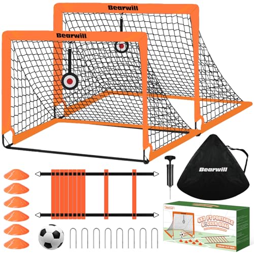 Bearwill Soccer Goal, Kids Soccer Goals for Backyard Set of 2, 4x3ft Portable Soccer Goal Pop Up Soccer Net, Kids Soccer Net Training Equipment with Soccer Ball, Ladder, Cones, Targets - color: Orange
