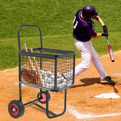 Wheeled sports ball cart – holds 300 baseballs or 150 softball balls; large capacity, durable steel frame, puncture-proof tires; suitable for schools, clubs, and indoor/outdoor training facilities.