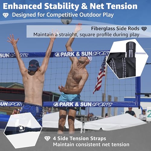 Park & Sun Sports BC-400 Professional Outdoor Volleyball Net – Regulation 39" x 32' – 18 oz Vinyl Tapes with Coated Steel Cables (Top & Bottom), Black