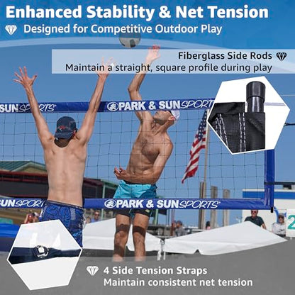 Park & Sun Sports BC-400 Professional Outdoor Volleyball Net – Regulation 39" x 32' – 18 oz Vinyl Tapes with Coated Steel Cables (Top & Bottom), Black