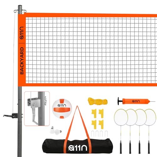 A11N SPORTS Outdoor Volleyball and Badminton Combo Set - Includes Adjustable Height Anti-Sag Net, Volleyball, Air Pump, 4 Badminton Rackets, 2 Shuttlecocks, Boundary Line Marker, and Carrying Bag - color: Orange