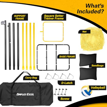 Dimples Excel 10.5 FT Adjustable Volleyball Setter Training Net with 3 Height Levels and 5 Ball Return Angles (70°–180°), Includes Volleyball, Pump, Carry Bag & Sandbags for Indoor/Outdoor Practice