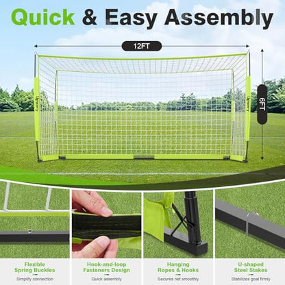 Portable Soccer Goal, Detachable 12x6 FT Soccer Goals Net for Backyard, Quick Setup Training Equipment with 1 Carry Bag, 12 Training Cones - color: Green