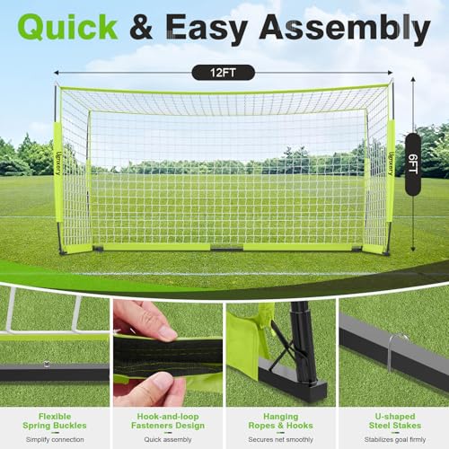 Portable Soccer Goal, Detachable 12x6 FT Soccer Goals Net for Backyard, Quick Setup Training Equipment with 1 Carry Bag, 12 Training Cones