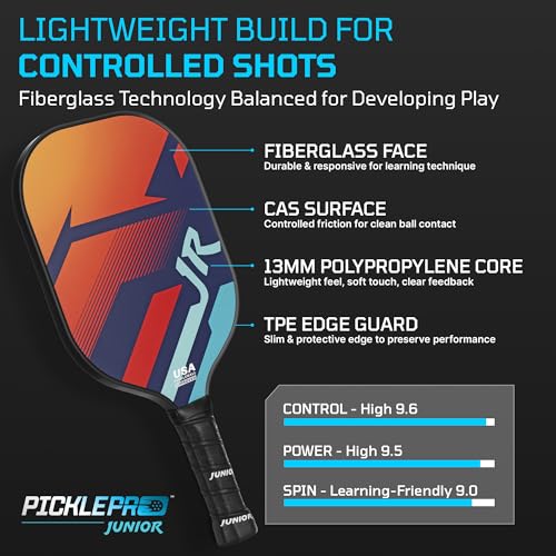 PicklePro Pickleball Paddles with Cover – Lightweight Fiberglass Pickleball Paddle for Kids, Youth & Beginners, Cushioned Grip, 13mm Honeycomb Core, Indoor & Outdoor Racket, USAP Approved