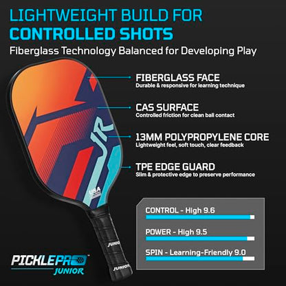 PicklePro Pickleball Paddles with Cover – Lightweight Fiberglass Pickleball Paddle for Kids, Youth & Beginners, Cushioned Grip, 13mm Honeycomb Core, Indoor & Outdoor Racket, USAP Approved