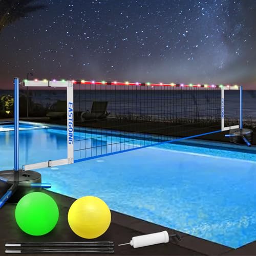 Pool Volleyball Net Set with Light,Adjustable Length 15-25FT，Swimming Pool Volleyball Net System with 2 Water Volleyballs and Heavy Duty Base.