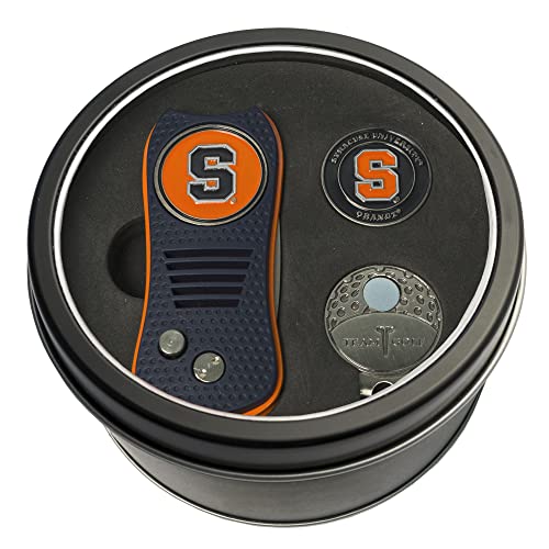 Team Golf NCAA Syracuse Orange Tin Ball Marker Gift Set with Retractable Divot Tool, Cap Clip and 2 Double-Sided Enamel Ball Markers, Patented Design, Less Damage to Greens