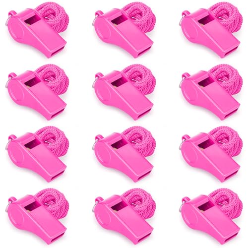 12 Pack Pink Loud 120dB Plastic Whistles with Lanyard – High-Pitched Safety Whistle for Sports, Coaching, and Collective Entertainment