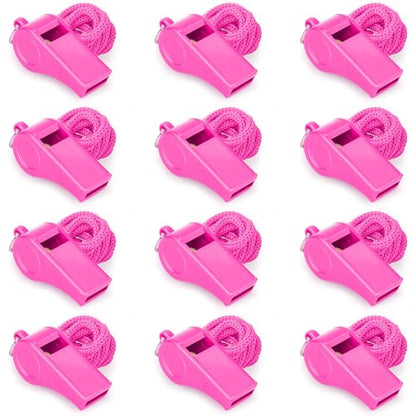 12 Pack Pink Loud 120dB Plastic Whistles with Lanyard – High-Pitched Safety Whistle for Sports, Coaching, and Collective Entertainment