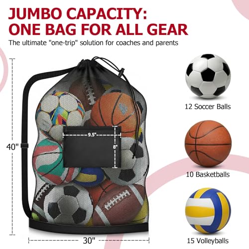 Extra Large Mesh Ball Bag with Pocket, Holds 13 Soccer Balls, 10 Basketballs, Heavy Duty Drawstring Net Bag, Team Coaches Sports Equipment Storage Duffle Sack for Volleyball, Swimming Gear