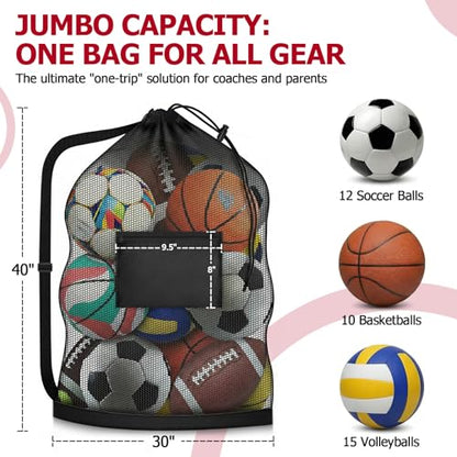 Extra Large Mesh Ball Bag with Pocket, Holds 13 Soccer Balls, 10 Basketballs, Heavy Duty Drawstring Net Bag, Team Coaches Sports Equipment Storage Duffle Sack for Volleyball, Swimming Gear