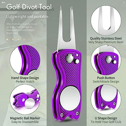 Skylety 4 Pcs Golf Divot Repair Tool Metal Foldable Golf Divot Tool with Magnetic Pop-up Button Ball Marker Stainless Steel Switchblade for Golfers Prizes - color: Purple