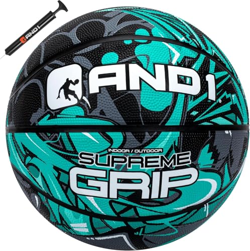 AND1 Supreme Grip Official Regulation Size 7 (29.5 inches) Rubber Basketball - Deep Channel Construction Streetball, Made for Indoor Outdoor Games - color: Teal/Black