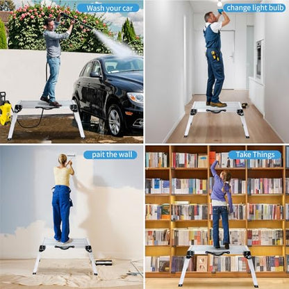 LEADALLWAY Aluminum Work Platform Step Ladder with Handle Heavy Duty Foldable Step Stool 330 Lbs Capacity Silver