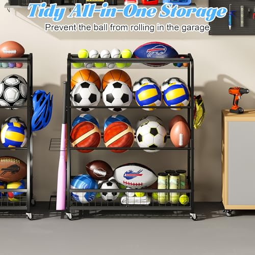 Basketball Hoop,Wheeled Sports Ball Storage Rack,Double-Row Basketball Hoop Holds 16+ Balls,Ball Storage Rack with Baseball Bat Holder and Hooks,Stores Basketballs,Soccer Balls,Footballs,etc.-Black