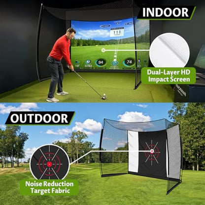 Golf Net, 11x8ft Golf Simulator Hitting Net with Impact Screen and Target Cloth, Heavy Duty Spacious Practice Cage for Drivingb bSwing, Home Backyard Garage Indoor Outdoor Use