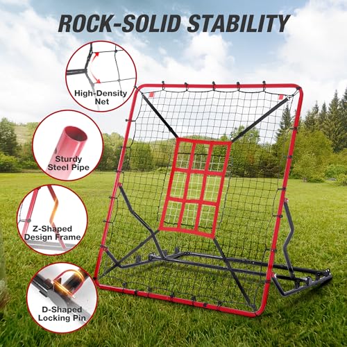 WARMOUNTS Baseball Rebounder Net, 4 x 4.5 FT Pitch back with 4 Adjustable Angles & 2 Strike Zones, Pitching & Fielding Trainer for Softball bounce back, Heavy-Duty Baseball Rebounder for Youth & Adult
