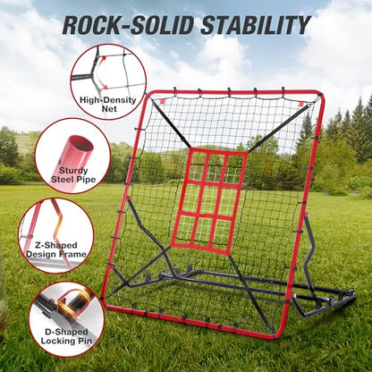WARMOUNTS Baseball Rebounder Net, 4 x 4.5 FT Pitch back with 4 Adjustable Angles & 2 Strike Zones, Pitching & Fielding Trainer for Softball bounce back, Heavy-Duty Baseball Rebounder for Youth & Adult