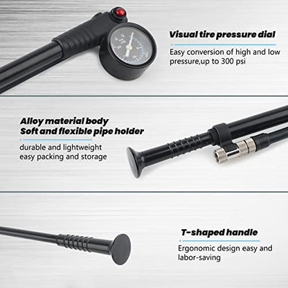 Hycline Shock Pump for Mountain Bike, High Pressure 300 Psi for Front Fork and Rear Bicycle Suspension Air Pump with Gauge Fits Schrader & Presta Tire Valve - color: Black