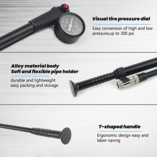 Hycline Shock Pump for Mountain Bike, High Pressure 300 Psi for Front Fork and Rear Bicycle Suspension Air Pump with Gauge Fits Schrader & Presta Tire Valve - color: Black