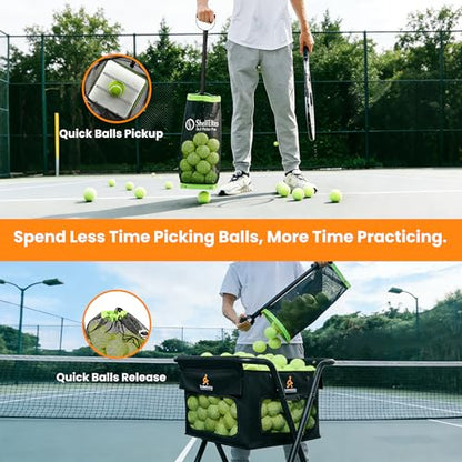 Tennis Ball Hopper with Telescopic Handle - Holds 50+ Tennis Balls or 40+ Pickleballs, Portable Tennis Ball Picker with Quiet Wheels，Built for Hard Courts & Daily Practice