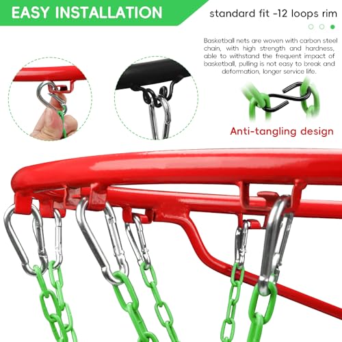 Basketball Net Heavy Duty Replacement,Carbon Steel Chain Basketball net, Anti-Rust Use Indoor Outdoor Standard 12 Loops Hoop - color: Green
