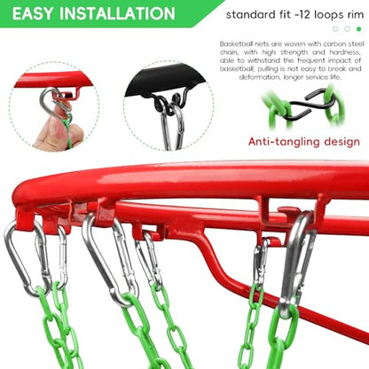 Basketball Net Heavy Duty Replacement,Carbon Steel Chain Basketball net, Anti-Rust Use Indoor Outdoor Standard 12 Loops Hoop - color: Green