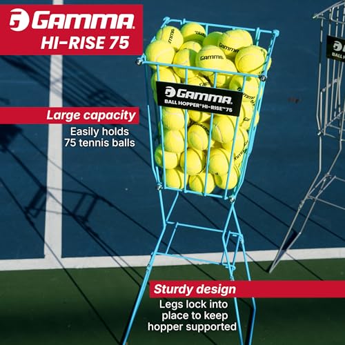 Gamma Ball Hopper Hi-Rise 75 - Heavy Duty Tennis Ball Basket with Handle for Easy Pickup & Storage - Holds 75 Tennis Balls, Durable Steel Construction, Weather-Resistant Coating - Black