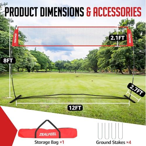ZEALFEEL Volleyball Net, 12ft/20ft Volleyball Training Net for Backyard Height Adjustable, Portable Freestanding Practice Net for Hitting & Serving Drills, Pop up Net with Carry Bag for Indoor Outdoor - size: 12 FT Volleyball Net