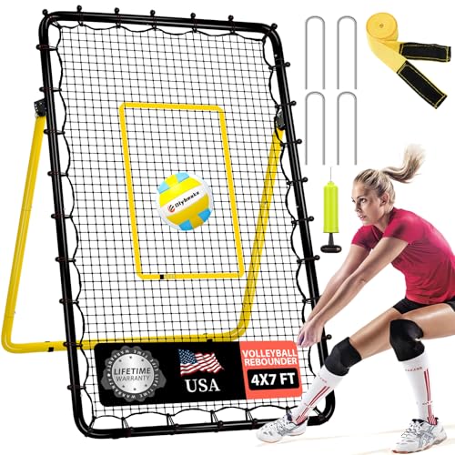 6-Angle Adjustable Volleyball Rebounder Net 7x4ft, High Stable Bounce Back Training Equipment for Practicing Volleying Bumping Spiking with High-Tension Net, PU Volleyball and Pump, Stakes - color: Black