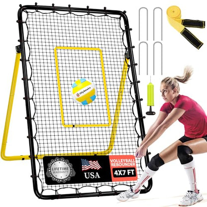 6-Angle Adjustable Volleyball Rebounder Net 7x4ft, High Stable Bounce Back Training Equipment for Practicing Volleying Bumping Spiking with High-Tension Net, PU Volleyball and Pump, Stakes - color: Black