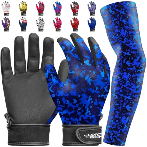 Exxact Sports Youth Batting Gloves with Arm Sleeve for Boys & Girls, Kids Baseball Batting Gloves for Softball, T-Ball - color: BLUE CAMO, size: Youth Small / Medium