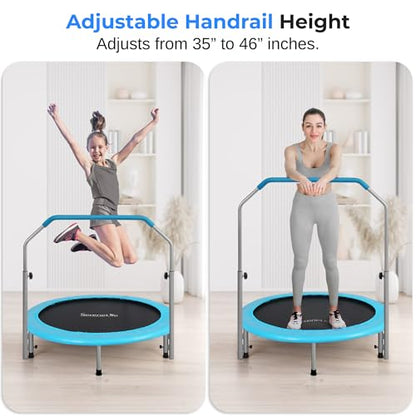 SereneLife 40" Foldable Mini Trampoline for Adults - Compact Fitness Rebounder with Adjustable Foam Handle, Exercise Trampoline with Max Load 330lbs, Indoor/Garden Whole-Body Workout - color: Sky Blue
