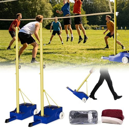 Portable Volleyball Poles,with Volleyball Net/Badminton Net,Outdoor & Indoor Heavy Duty Volleyball Poles Sets,Adjustable Height 5.09ft-6.8ft with Wheels,for Adults Kids Backyard
