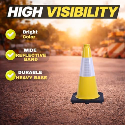 6 Pack Yellow 18 Inch Black Base Traffic Cones for Vehicle Maneuvering Practice, Driving Training, Lane Marking & Safety Warning (6, Yellow, 18 Inch) - color: Yellow, size: 18 Inch