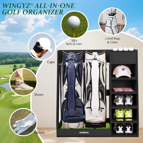 WINGYZ Premium Birch Plywood Golf Bag Storage for 2 Bags | 36lb Rock-Solid Golf Bag Organizer | 7-Shelf Command Center | Artificial Turf 12-Ball Display | No Wall Mounting Required (Black) - color: Black