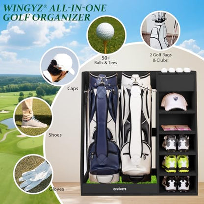 WINGYZ Premium Birch Plywood Golf Bag Storage for 2 Bags | 36lb Rock-Solid Golf Bag Organizer | 7-Shelf Command Center | Artificial Turf 12-Ball Display | No Wall Mounting Required (Black) - color: Black