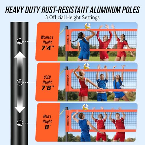 Professional Heavy Duty Volleyball Net Set for Backyard & Beach, Outdoor Net System with Steel Anti-Sag Winch, 32FT Reinforced Net, Height Adjustable Rust-Resistant Aluminum Poles, Portable Carry Bag