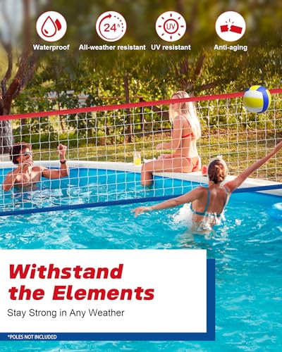 Upgraded Swimming Pool Volleyball Net Replacement, Extended 15FT-28FT Adjustable, Enhanced All Weather with Waterproof, Extra Thick Borders and Nylon Straps-15x3FT (Net Only)