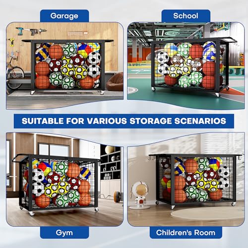 Boshen 41.7" Extra Large Ball Cart Storage Rolling with Lockable Wheels Lid & Removable Handle, XXL Sports Equipment Basketball Storage Holds Up to 36 Balls for School, Club, Gym, Garage