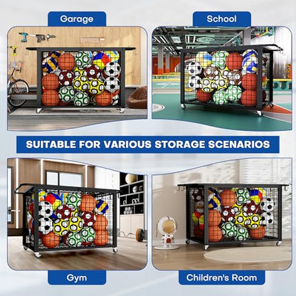 Boshen 41.7" Extra Large Ball Cart Storage Rolling with Lockable Wheels Lid & Removable Handle, XXL Sports Equipment Basketball Storage Holds Up to 36 Balls for School, Club, Gym, Garage