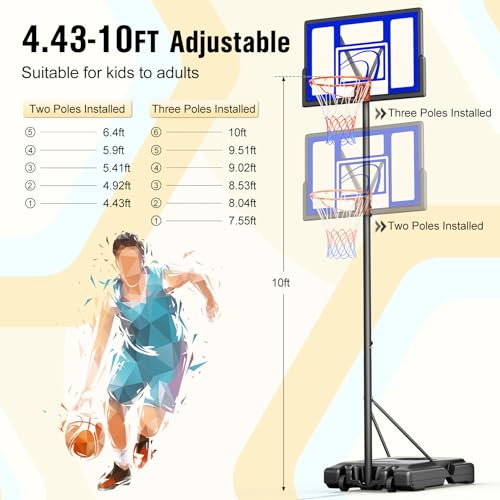 TONBUX Adjustable Basketball Hoop Outdoor 10FT, Basketball Portable Hoops & Goals, 44 Inch Backboard, for Kids, Youth, and Adults in The Backyard, Driveway - style: Blue