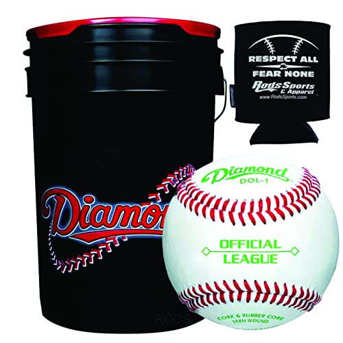 Diamond Sports Diamond 6-Gallon Ball Bucket with 30 Balls DOL-1 OL Official League Baseballs with Rods Can Cooler, Black