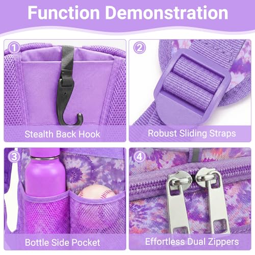Youth Baseball Bag - Softball Bag for Girls & Boys with Shoes Compartment, Bat Backpack for Baseball, T-Ball & Softball Equipment - color: Tie-dye-Purple