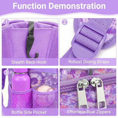Youth Baseball Bag - Softball Bag for Girls & Boys with Shoes Compartment, Bat Backpack for Baseball, T-Ball & Softball Equipment - color: Tie-dye-Purple