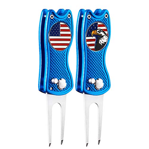 FINGER TEN Golf Divot Repair Tool and Ball Marker Switchblade Value Pack, Foldable Magnetic Stainless Steel with Pop-up Button for Men Women - color: 2 in Blue+2 Ball Marker