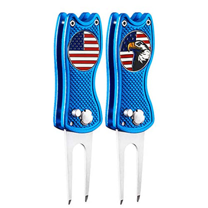 FINGER TEN Golf Divot Repair Tool and Ball Marker Switchblade Value Pack, Foldable Magnetic Stainless Steel with Pop-up Button for Men Women - color: 2 in Blue+2 Ball Marker
