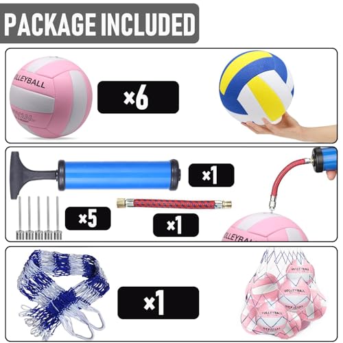 6 Pack Official Size 5 Synthetic Leather Volleyballs, Includes Pump and Net Bag, Volley Ball for Indoor and Outdoor Competition