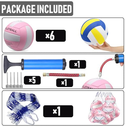6 Pack Official Size 5 Synthetic Leather Volleyballs, Includes Pump and Net Bag, Volley Ball for Indoor and Outdoor Competition